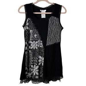 Sm Y2K VTG Zoe Patchwork Tunic Black White Flowy Tank Top Whimsigoth Fairy Artsy